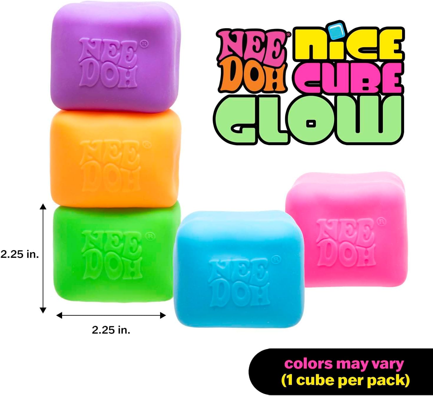 Schylling NeeDoh Nice Cube Glow - Sensory Toy with a Super Solid Squish - Glows in The Dark and Always Returns to its Square Shape - Ages 3 and Up - Color May Vary; One Cube Per Pack