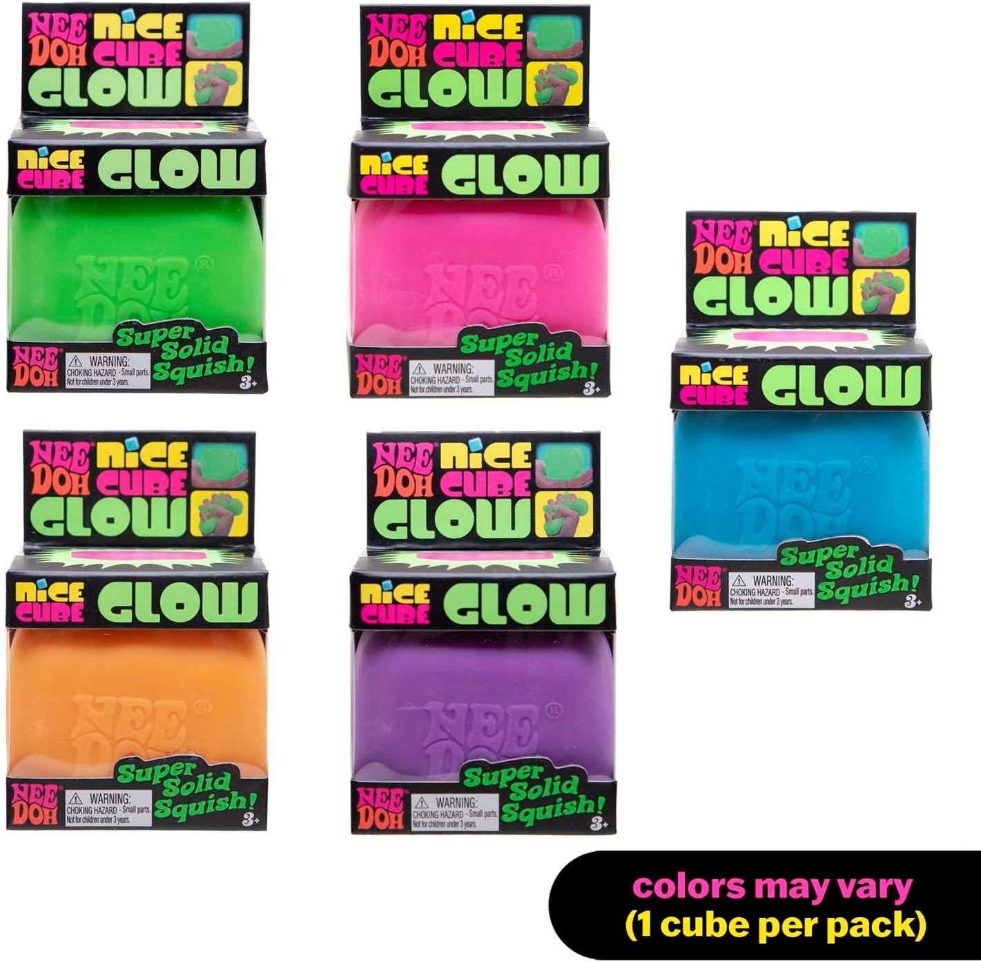 Schylling NeeDoh Nice Cube Glow - Sensory Toy with a Super Solid Squish - Glows in The Dark and Always Returns to its Square Shape - Ages 3 and Up - Color May Vary; One Cube Per Pack